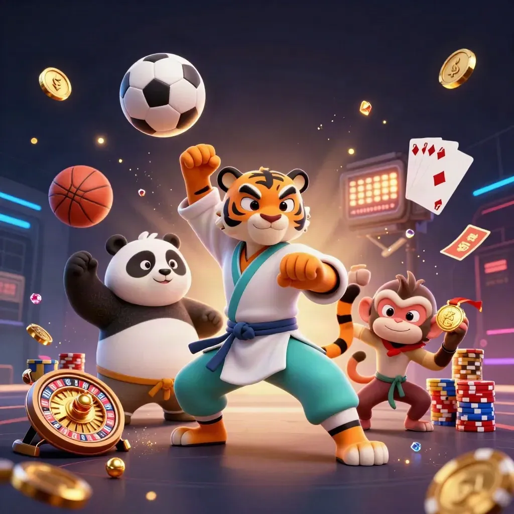 Kung-fu tiger, panda, and monkey amid flying coins, cards, and a midair soccer ball.