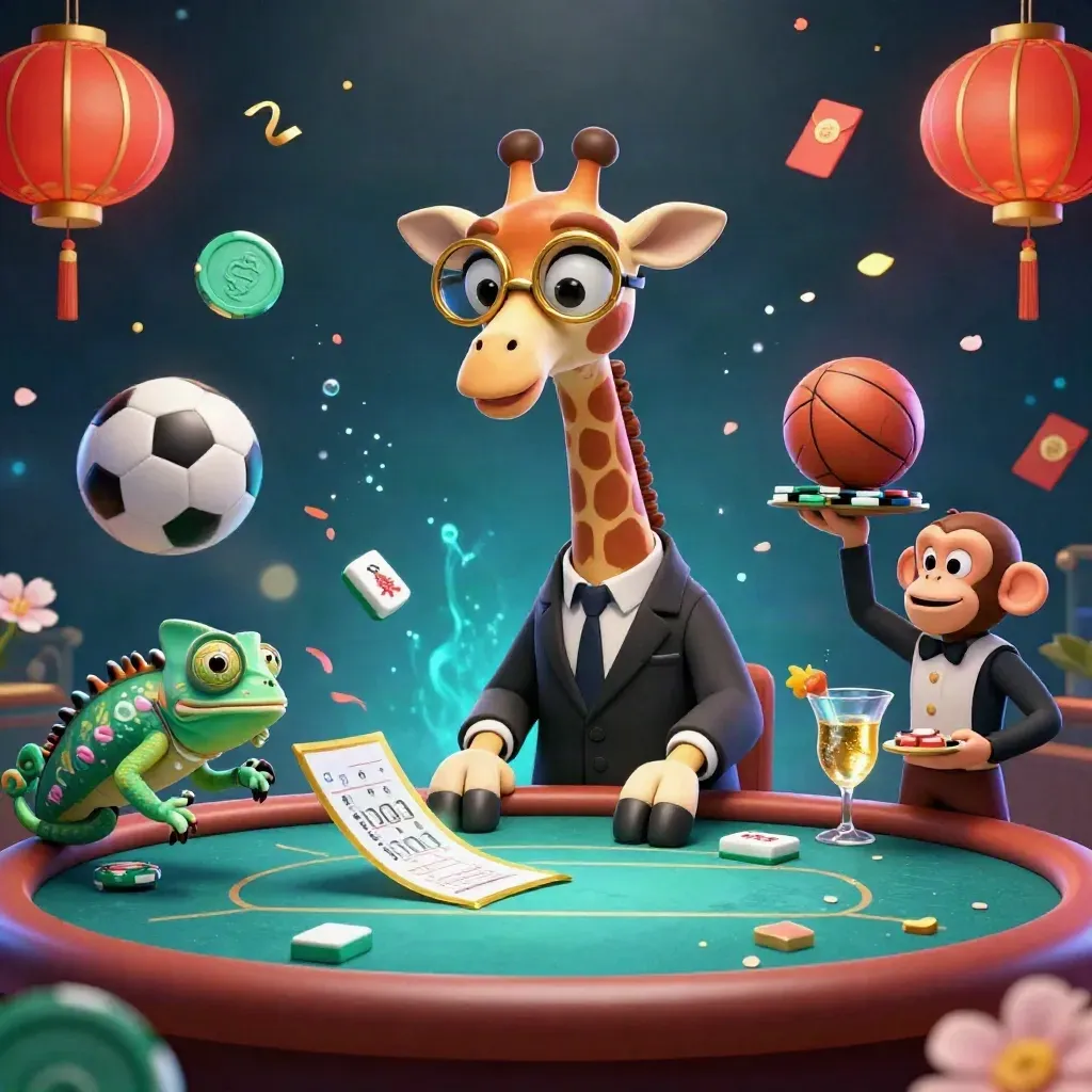 Giraffe, monkey and chameleon amid casino props, bubbles and flying sports gear under neon glow.