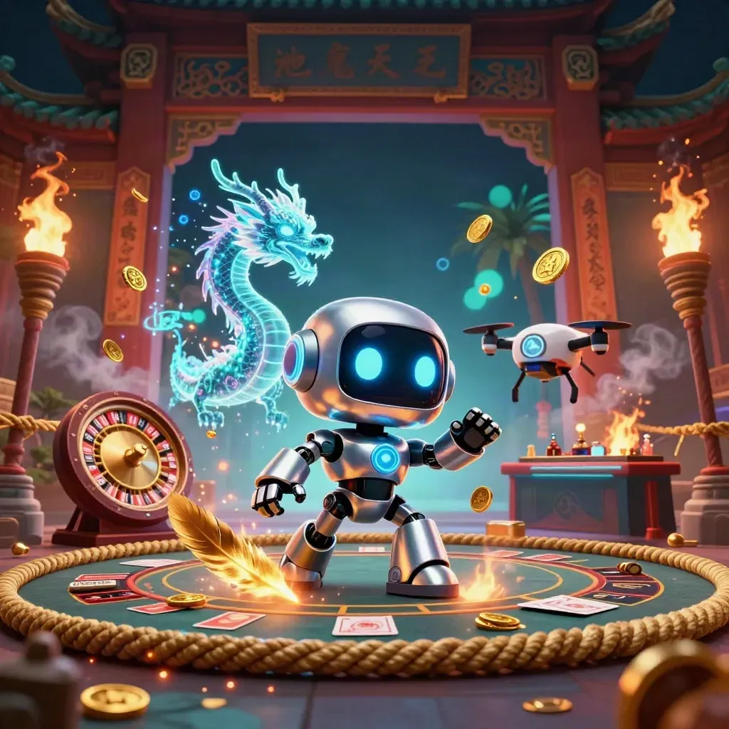 Cyberpunk robot, holographic dragon, and coin drone in a tropical casino battle scene.