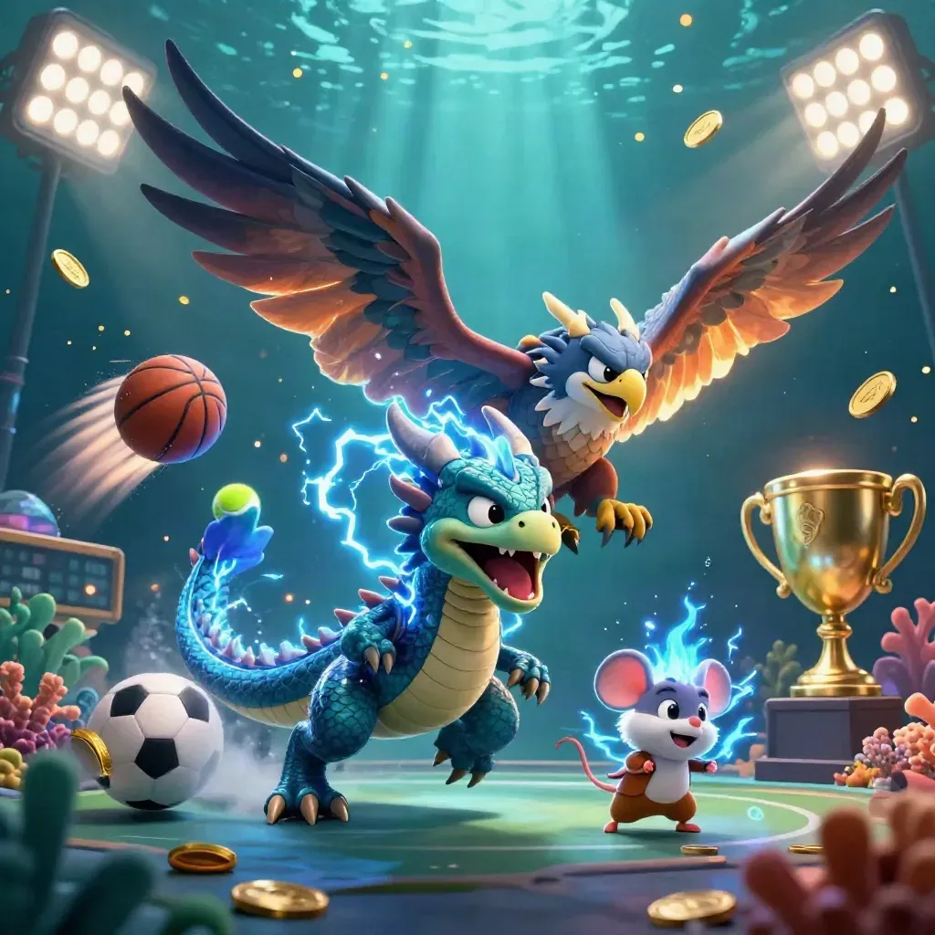 Thunder dragon, wind hawk and mouse amid flying balls, coins, trophy, teal-lit casino glow.