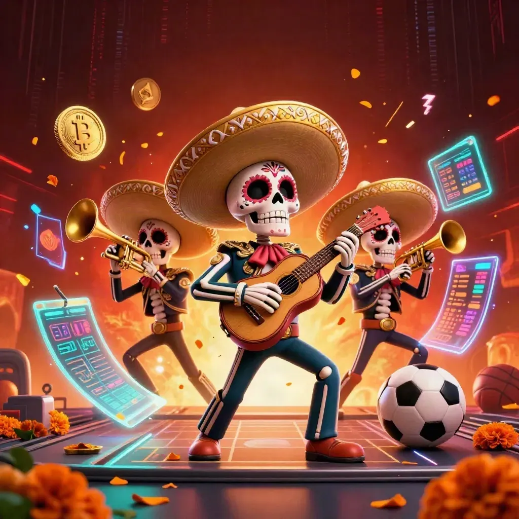 Skeleton mariachi trio with casino coins, balls, lightning, and ember glow on a dramatic low angle.