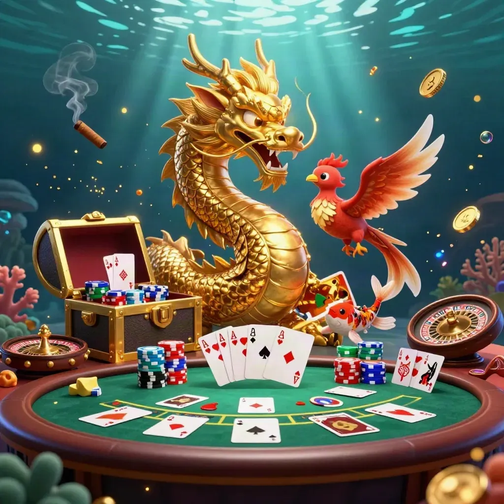 Golden dragon, red phoenix, koi, and casino table action in a luxe teal-lit room.
