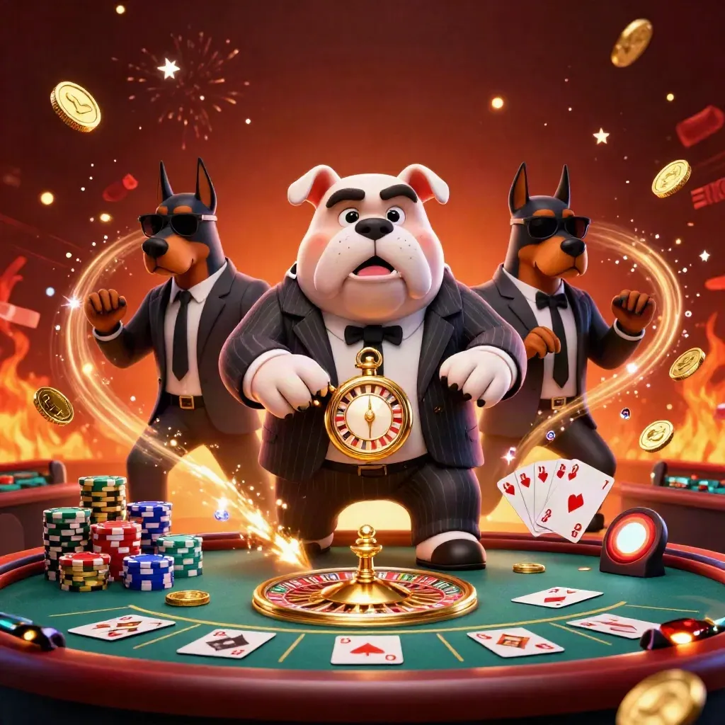 Bulldog mob boss and Dobermans in a neon casino burst with coins, chips, cards, and fireworks.