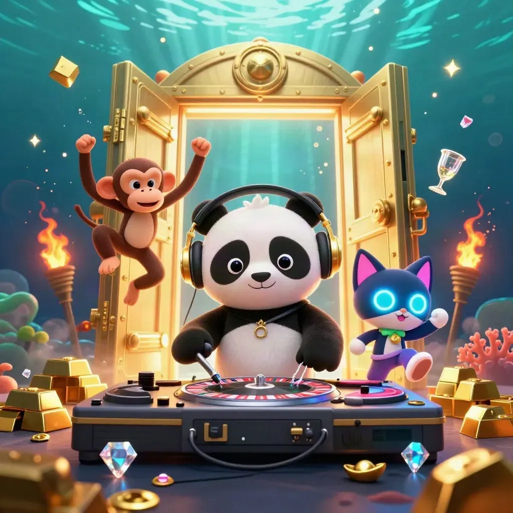 DJ panda, dancing monkey, and glow-stick kitten burst from a treasure vault in neon underwater casino art.