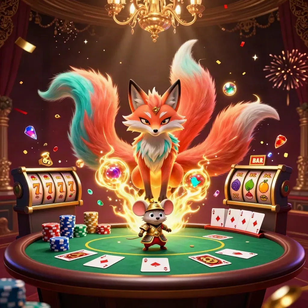 Nine-tailed fox spirit and samurai mouse amid casino cards, chips, sparks, and treasure magic.