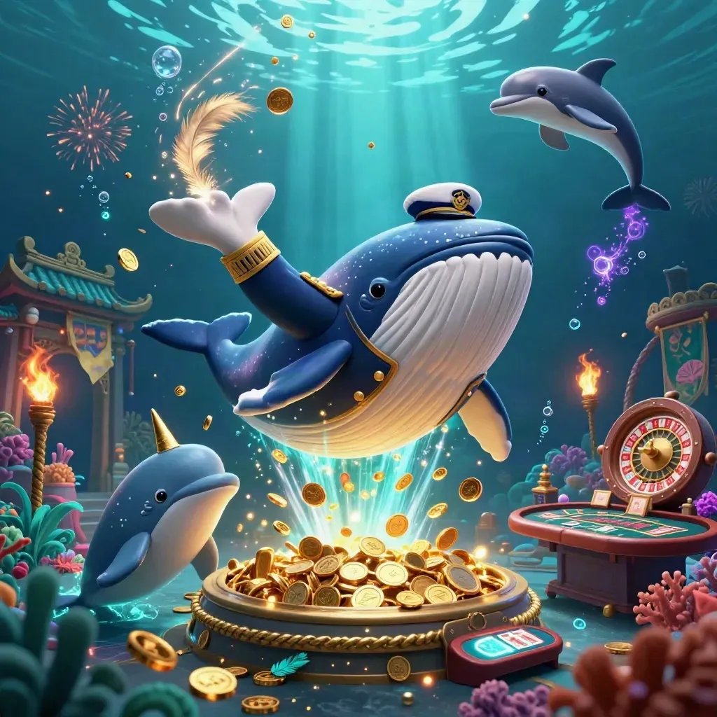 Whale captain, narwhal, and dolphins burst through coins in a neon underwater casino scene.