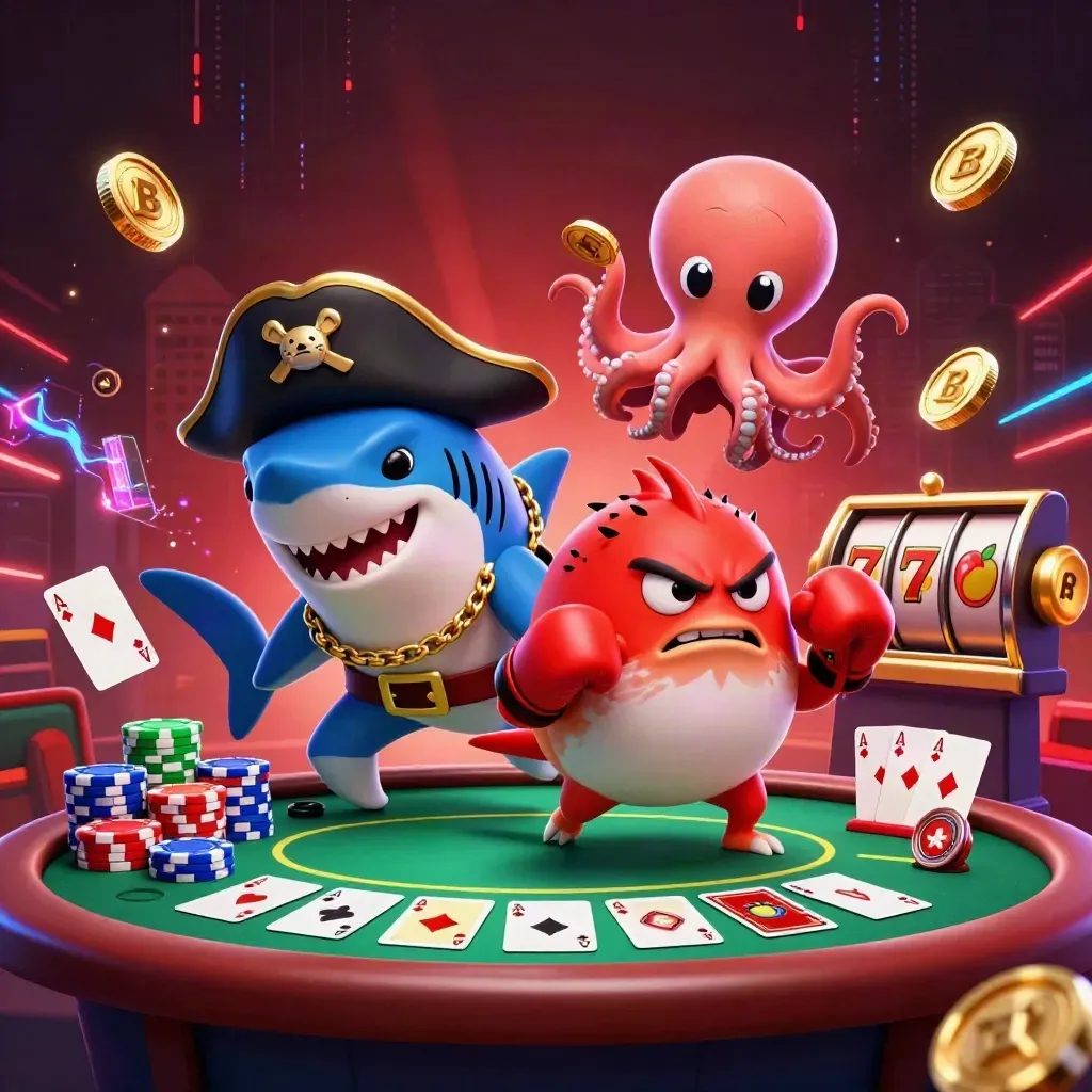 Shark pirate, boxing pufferfish, and coin-juggling octopus amid casino loot and neon energy.