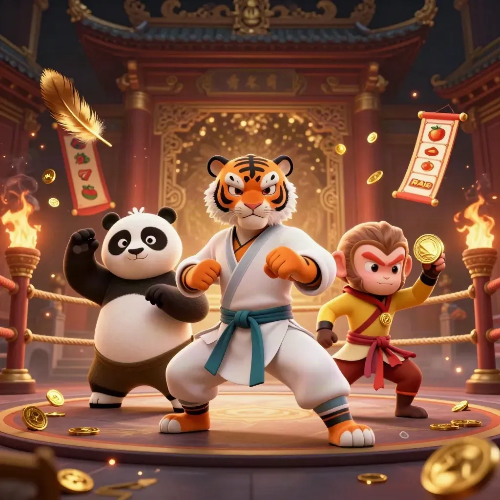 Kung-fu tiger, panda and monkey amid tropical casino gold, embers, reels and temple gate.