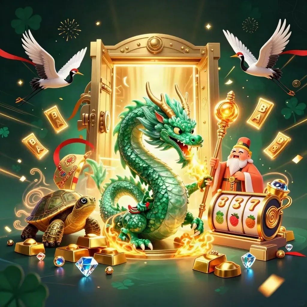 Emerald dragon, turtle sage, and cranes amid gold vaults, slot reels, and tropical casino sparks.